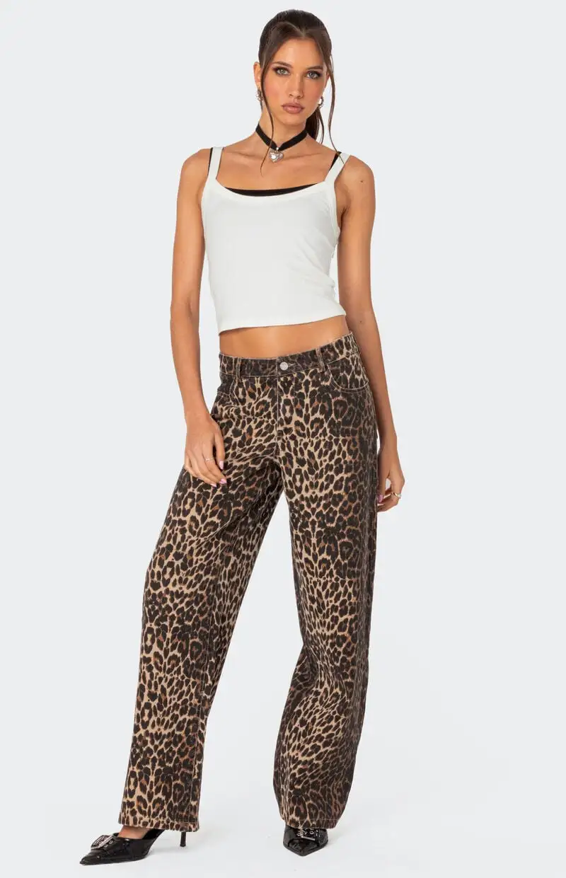 Edikted Leopard Printed Low Rise Jeans