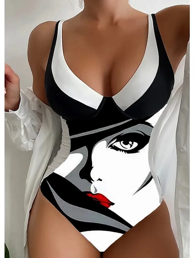 Women's Swimwear One Piece Normal Swimsuit Tummy Control Printing Graphic Black Brown Bodysuit Bathing Suits Sports Beach Wear Summer
