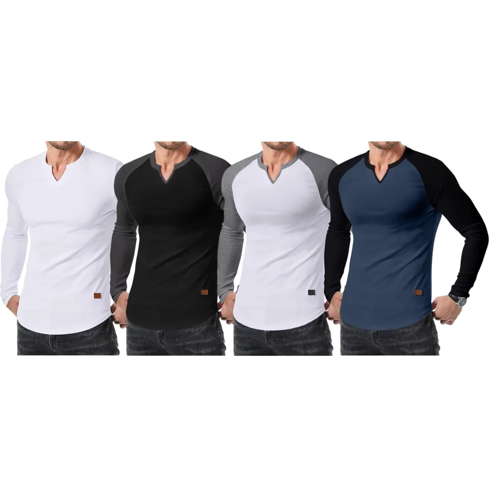 Mens Long Sleeve Muscle T Shirts Casual V-Neck Longline Ribbed Tee Shirts