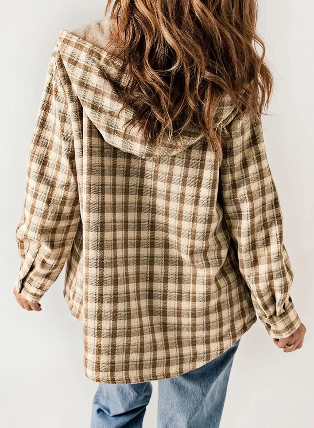 Womens Plaid Shacket Jacket Long Sleeve Button Down Fleece Hooded Jackets Warm Coat