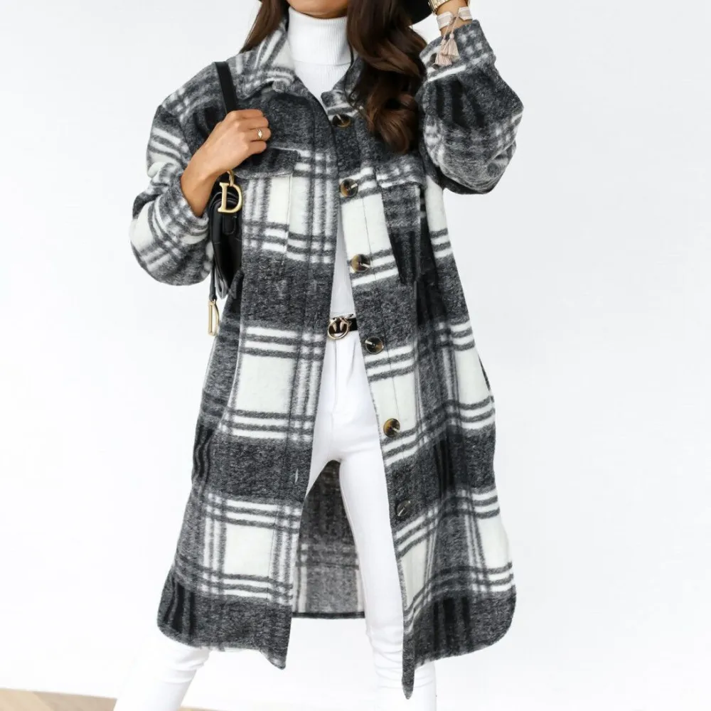 Long-sleeve Plaid Brushed Mid-length Shirt Coat