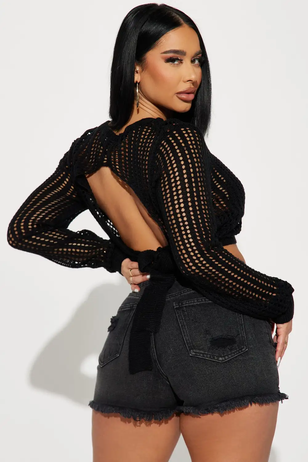 Heading Out Crochet Open Back Sweater - Black