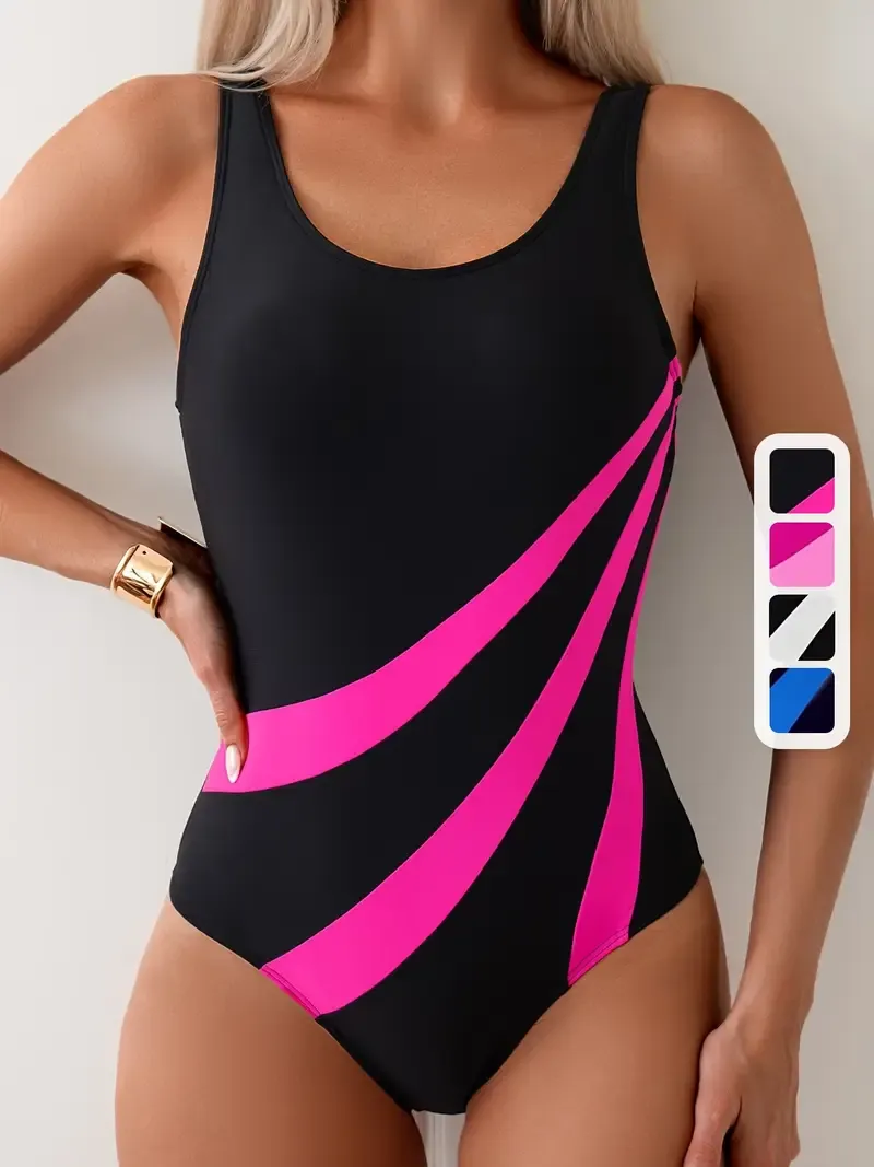 Women's Sporty One-Piece Swimsuit with Removable Pads - Sleek Black & Pink/Magenta Contrast, High-Elasticity Nylon/Elastane Blend, Round Neck, Machine Washable - Perfect for Water Sports, High Waisted Swimsuit - For Women - Suitable for Swimming, Beach &