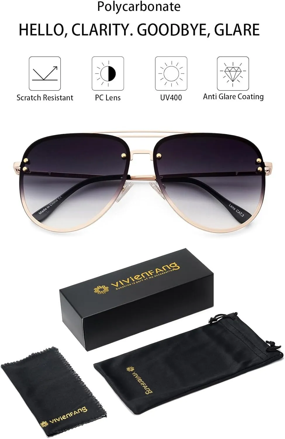 Premium Rimless Oversized Aviator Sunglasses for Women, Polarized PC Lens UV Protection Women’s Shade VF2203