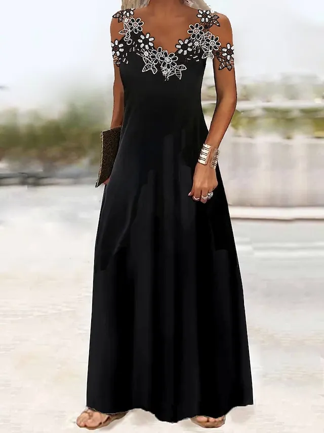 Women's Casual Dress Black Dress A Line Dress Long Dress Maxi Dress Polyester Fashion Casual Outdoor Daily Going out Strap Lace Patchwork Sleeveless Summer Spring 2023 Regular Fit Black White Green