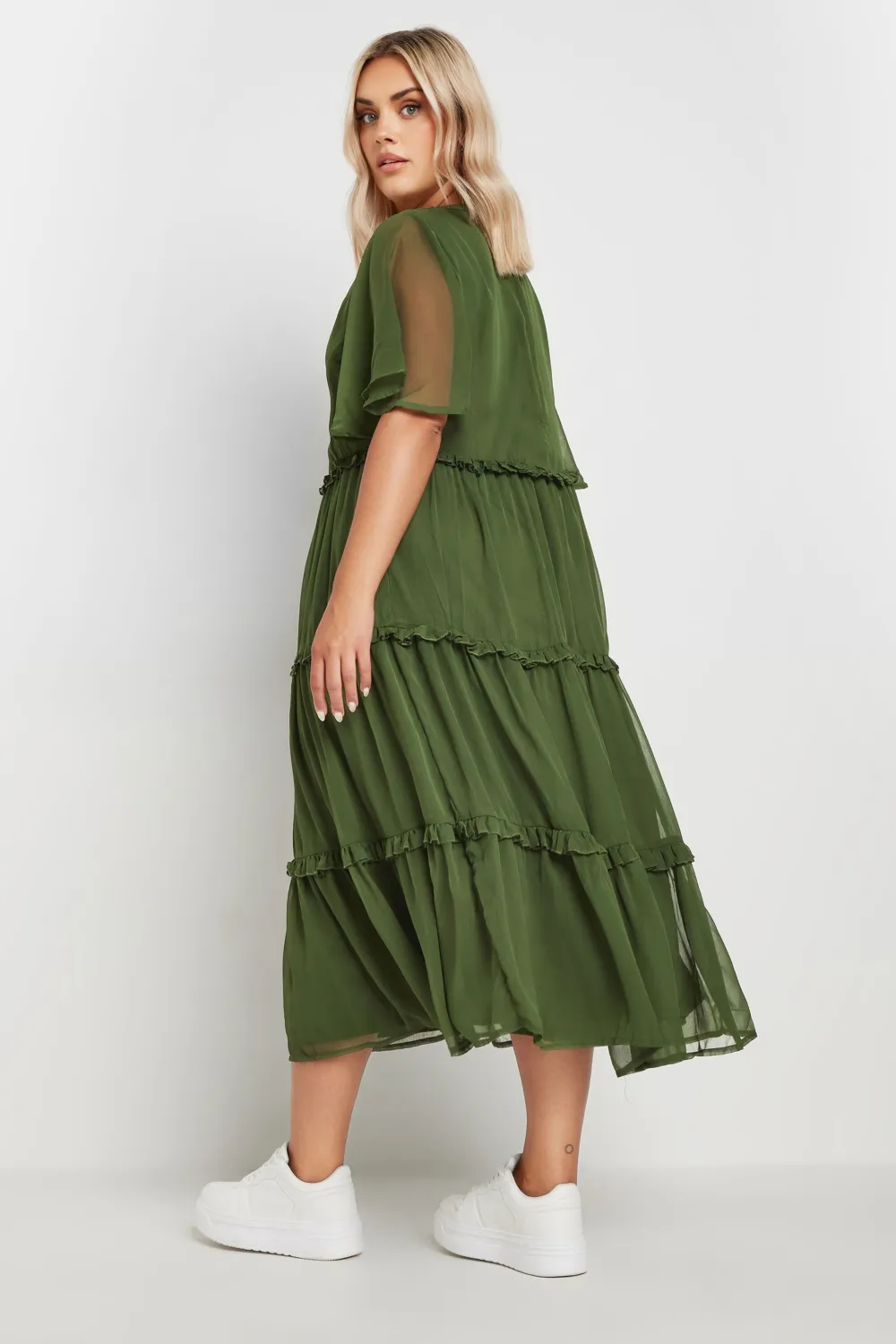 YOURS Curve Khaki Green Chiffon Tiered Midaxi Dress
