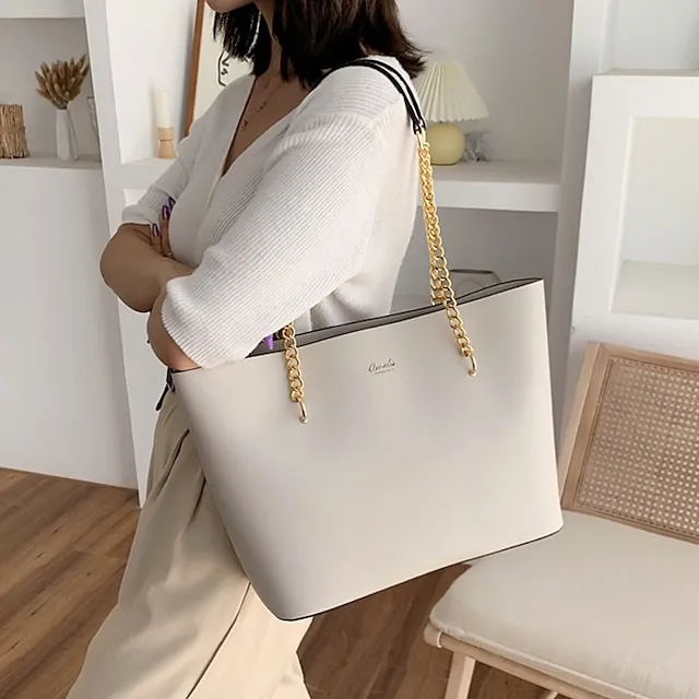 Women's Shoulder Bag Tote Crossbody Bag Leather PU Leather Outdoor Office Daily Chain Solid Color Black White Red