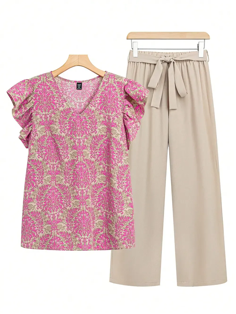 Plus Size Women's Plant Printed Round Neck Flare Sleeve Top And Pants Set