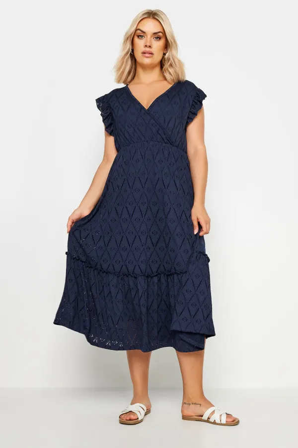 YOURS Curve Navy Blue Broderie Anglaise Midaxi Dress