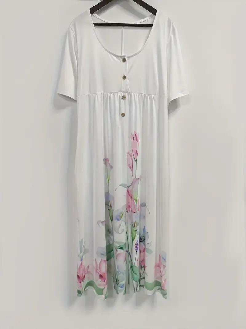 Women'S Plus Size Floral Print Tunic Dress, Polyester 95% Spandex 5% Knit Fabric, Crew Neck Short Sleeve with Pockets, Spring/Summer Vacation Style, Big-Tall Silhouette, Midi Length, Half Placket Button Detail