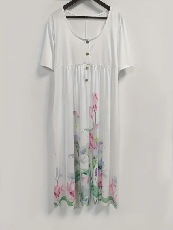 Women'S Plus Size Floral Print Tunic Dress, Polyester 95% Spandex 5% Knit Fabric, Crew Neck Short Sleeve with Pockets, Spring/Summer Vacation Style, Big-Tall Silhouette, Midi Length, Half Placket Button Detail