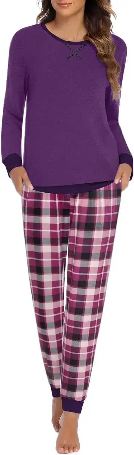 Women's Pajamas Sets Long Sleeve with Plaid Pants Soft Sleepwear O Neck 2 Piece Pjs Joggers Loung Set with Pockets