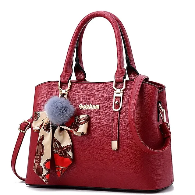 Women's Handbag Crossbody Bag Satchel Top Handle Bag PU Leather Daily Zipper Pom-pom Solid Color Wine Black Pink