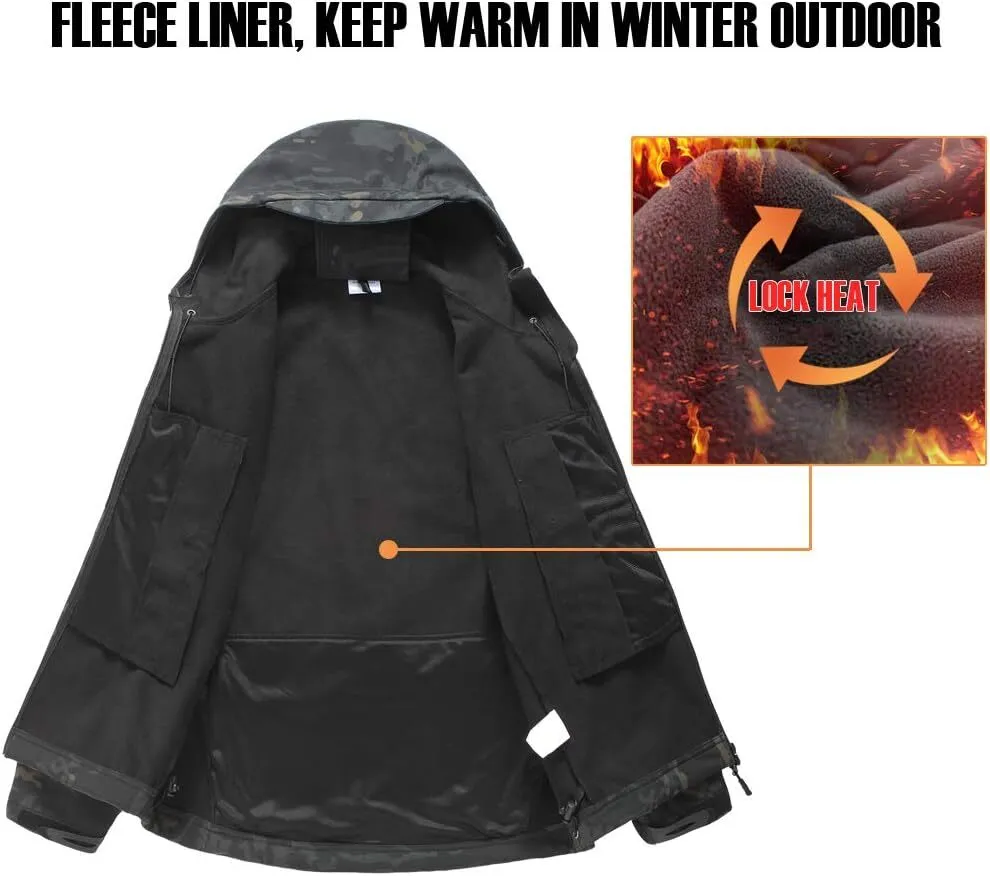 Men's Camo Quiet Hunting Jacket Waterproof Softshell Fleece Lined Camouflage Outdoor Hiking Fishing Coat