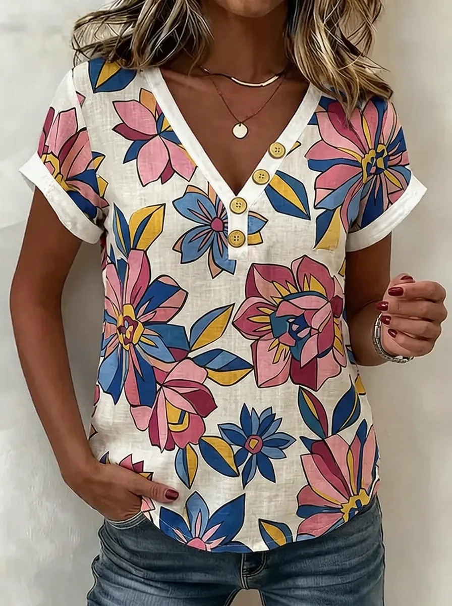 Women's Nashville Floral Pattern Printed V-Neck Button Top