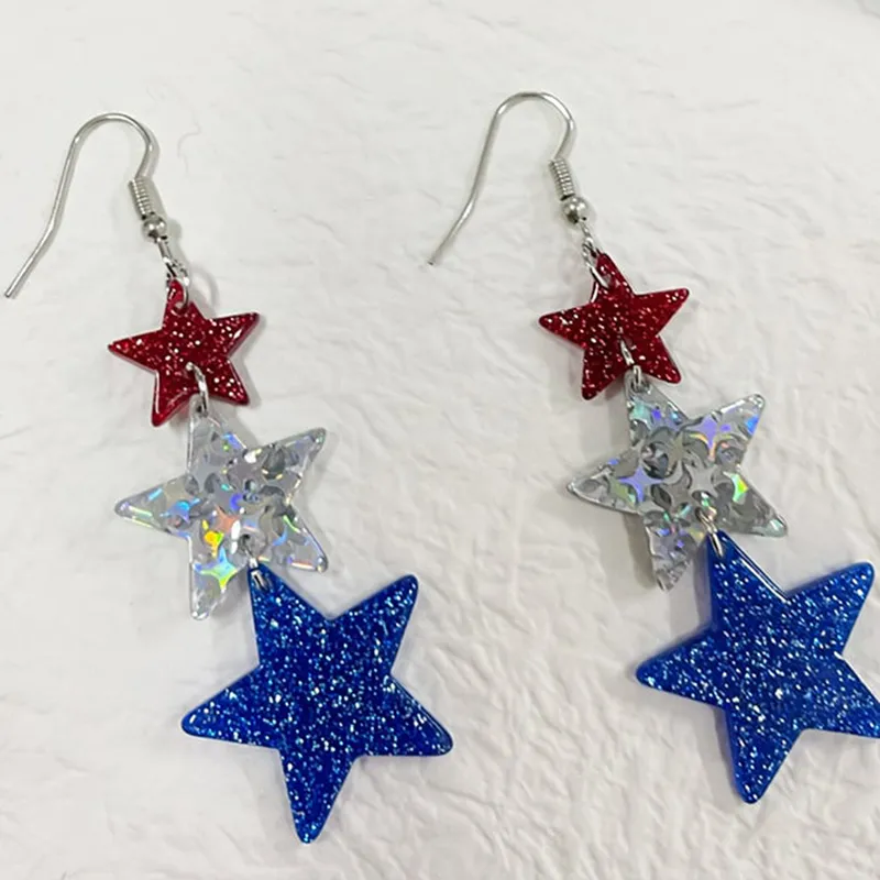 American Independence Day Five-pointed Star Three-color Stitching Glitter Simple Earrings