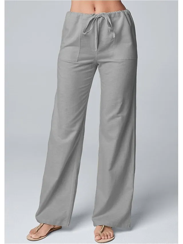 Women's Wide Leg Linen Pants Pants Trousers Full Length Cotton Faux Linen Side Pockets Wide Leg Fashion Casual Daily White Khaki S M