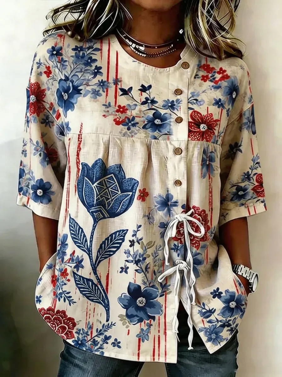 Women's Nashville Floral Botanical Printed Button-Down Top