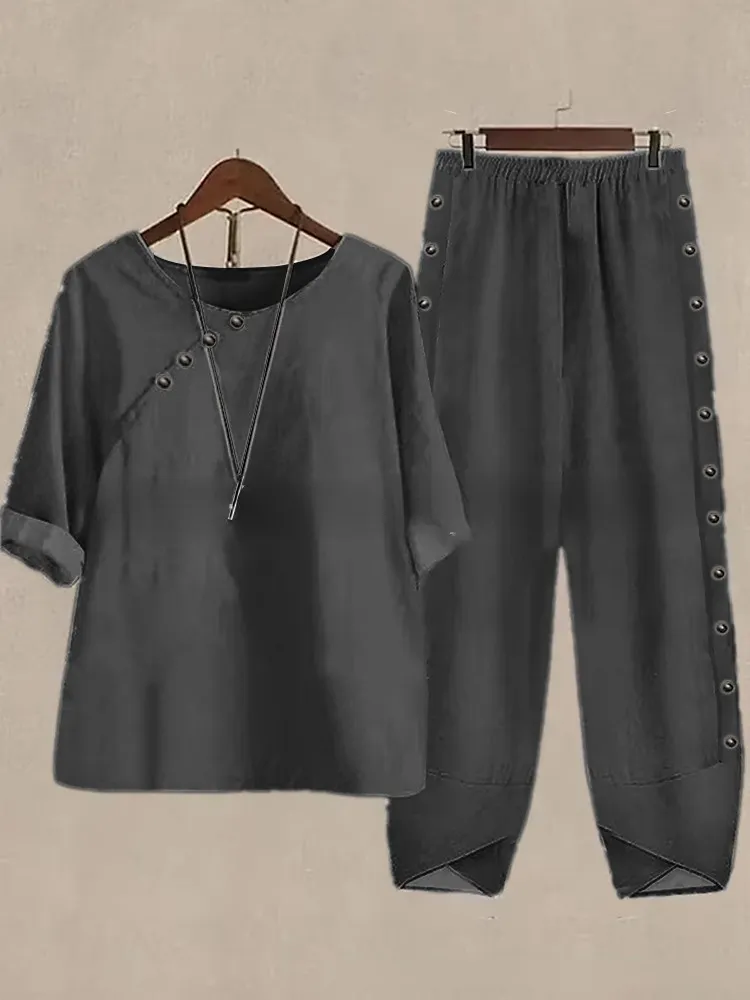 5/4 Sleeved Cotton Linen Top And Pants Two-piece Set