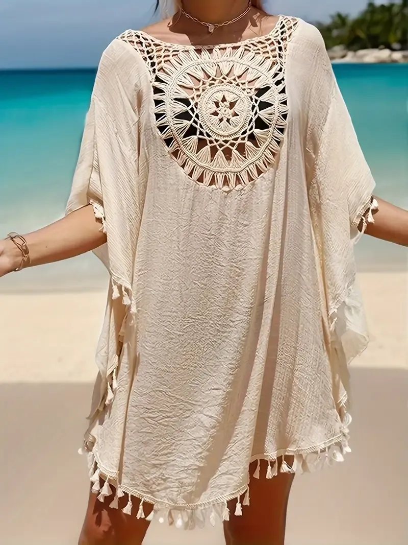Tassel Decor Cover Up Dress, Round Neck Loose Fit Crochet Decor Beach Kaftan, Women's Swimwear & Clothing for carnival & Music Festival For Holiday