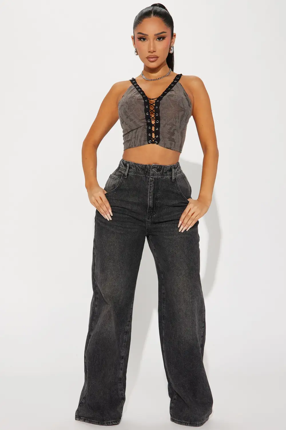 I Want It All You Lace Up Top - Grey