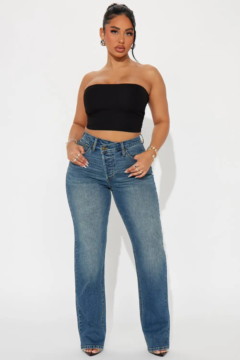 In Sync Stretch Crossover Straight Leg Jeans - Dark Wash