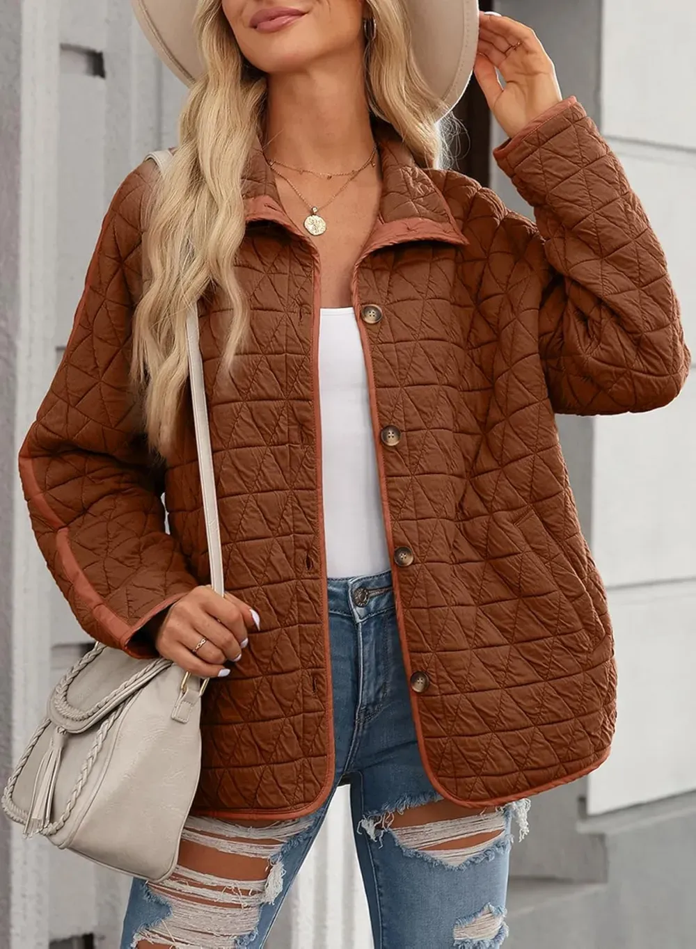Women's Lightweight Diamond Quilted Jacket Casual Winter Open Front Button Down Puffer Coat Outwear Cardigan