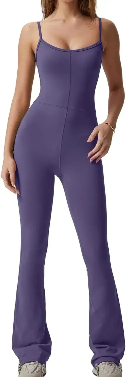 Flare Jumpsuits for Women Spaghetti Straps Scoop Neck Bodycon Full Length Casual Unitard Playsuit