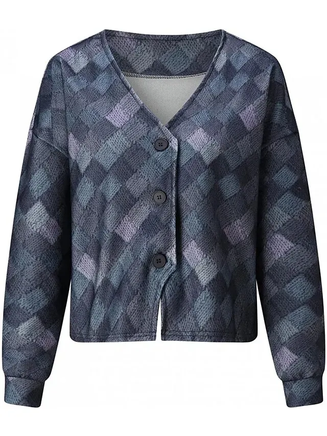 Women's Casual Jacket Vacation Street Daily Wear Fall Winter Regular Coat V Neck Loose Fit Windproof Breathable Stylish Sporty Chic & Modern Jacket Long Sleeve Stripes and Plaid Print Gray