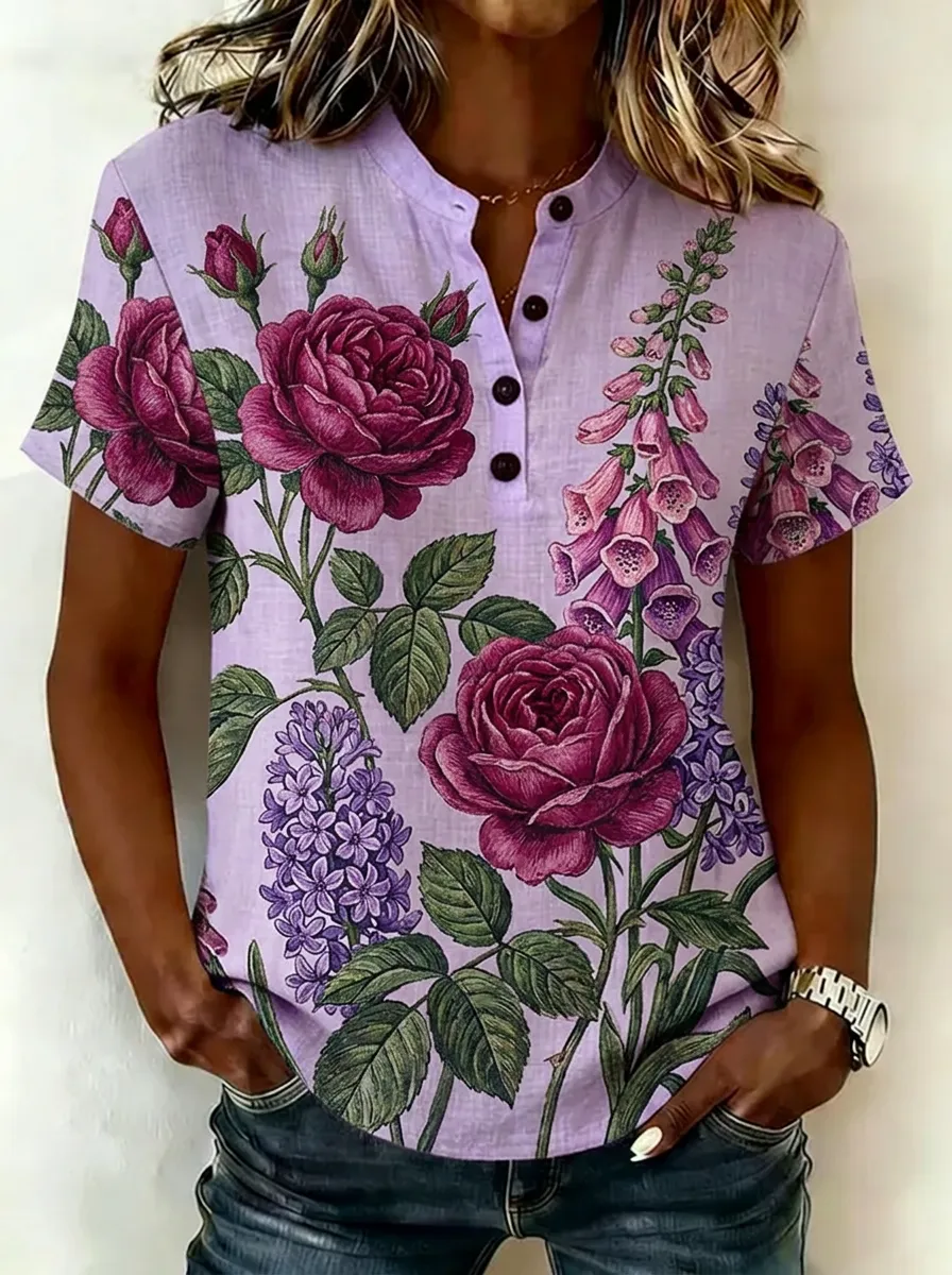 Women's Nashville Floral Rose Foxglove Printed Henley Shirt
