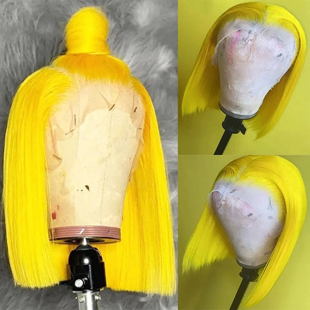 Sterly Yellow Wig Straight Short Bob Human Hair 13x4 Transparent Lace Front Wig