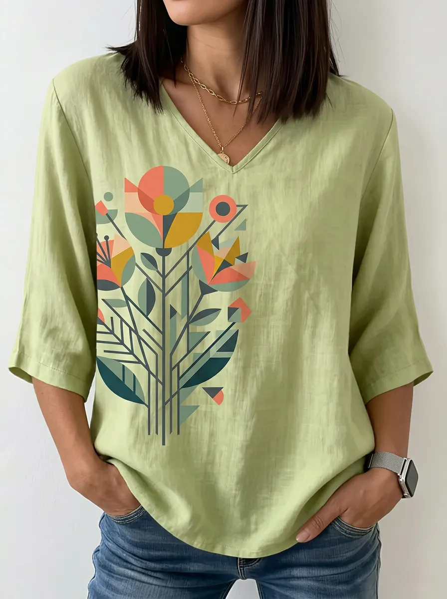 Women's Nashville Floral Geometric Printed V-neck Top