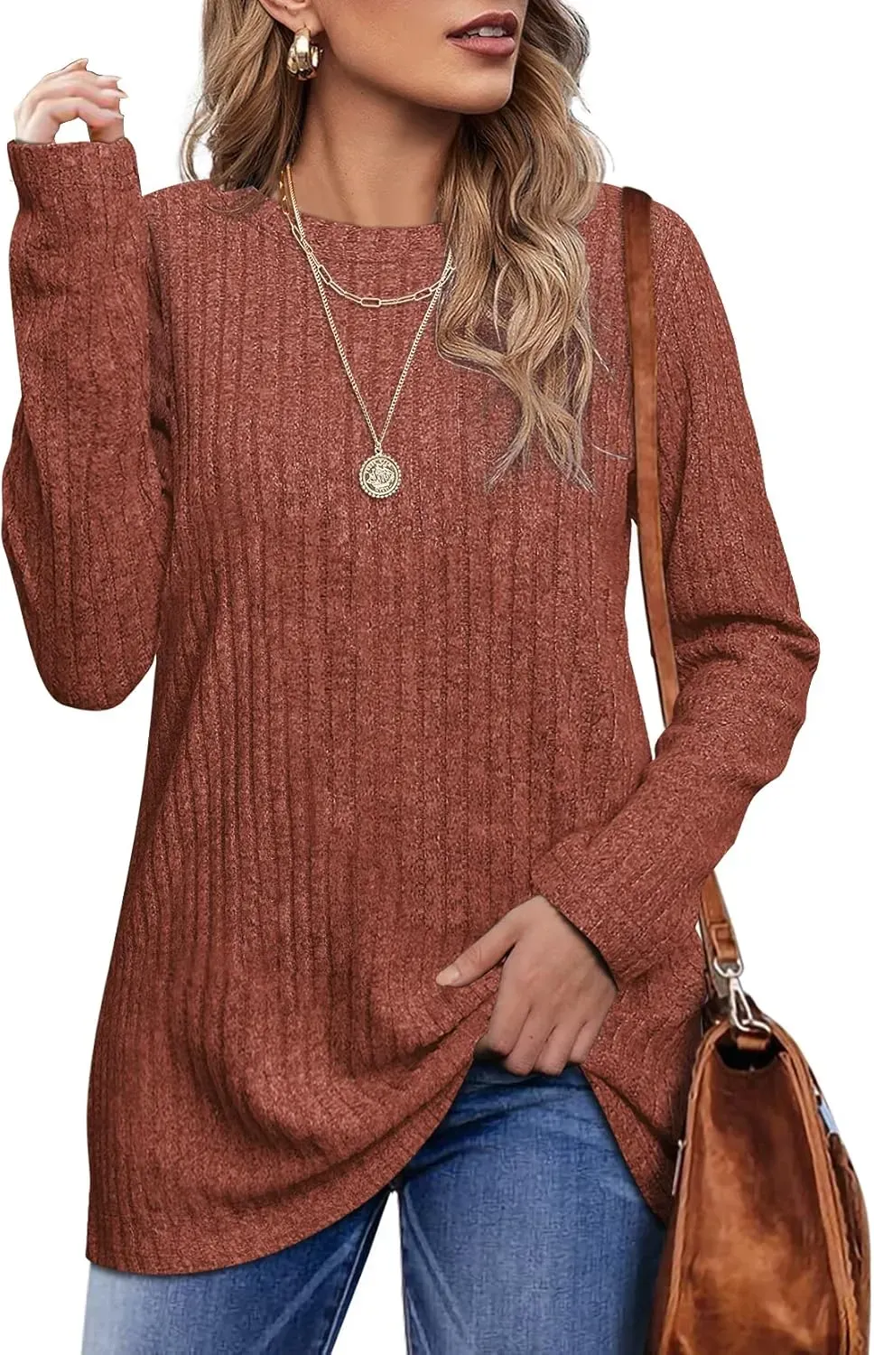 OFEEFAN Long Sleeve Shirts for Women Lightweight Crew Neck Casual Tunic Tops