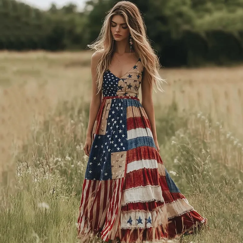 Vintage Independence Day Print Linen Tank Dress