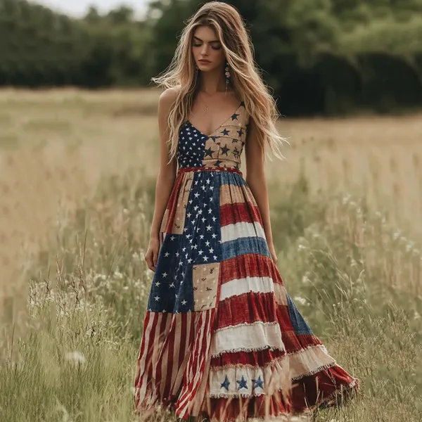 Vintage Independence Day Print Linen Tank Dress