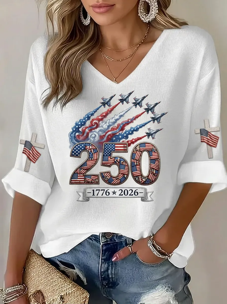 Women's USA 250th Anniversary Fighter Jet Cross Flag Printed V-neck Top