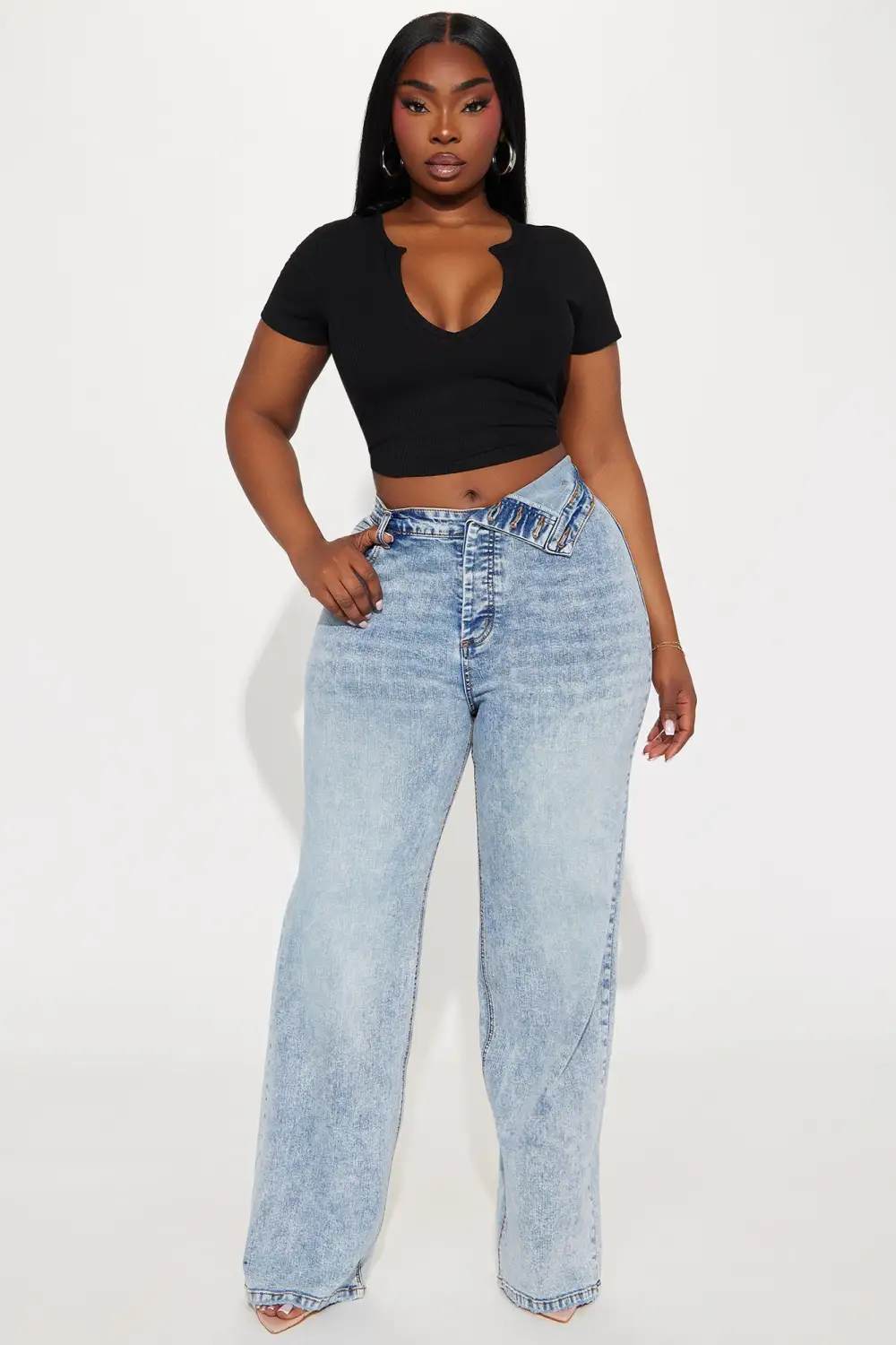 Carri Foldover Waistband Stretch Straight Leg Jeans - Light Wash