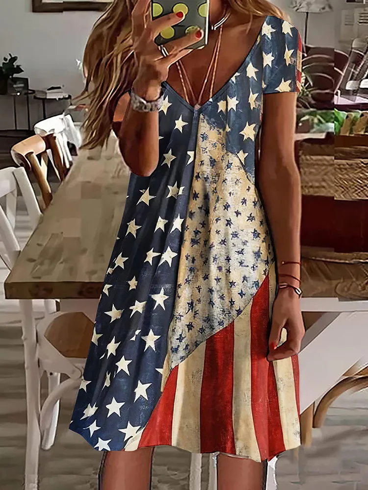 Women's Vintage Independence Day Flag Short Sleeve Dress