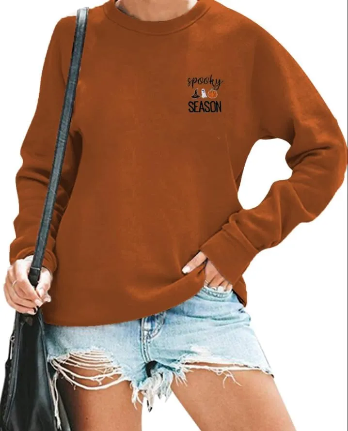 LOTUCY Halloween Sweatshirt Women Cute Spooky Season Sweatshirts Ghost Fall Embroidered Sweater Pullover Top
