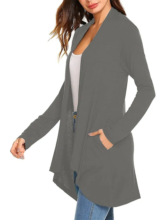 Women's Cardigan Sweater Open Front Ribbed Knit Knit Pocket Summer Fall Outdoor Daily Weekend Stylish Casual Soft Long Sleeve Solid Color Black White Wine S M L