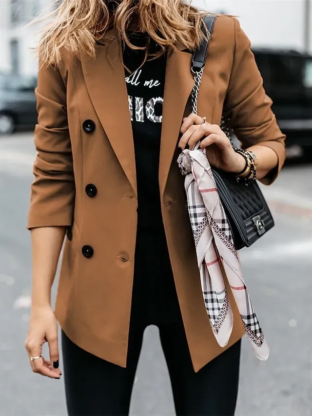 Women's Blazer Outdoor Button Solid Color Warm Fashion Regular Fit Outerwear Long Sleeve Fall Light Blue S