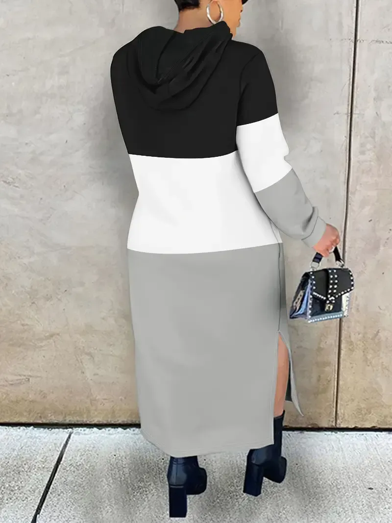 [Popular Choice] Color Block Hooded Sweatshirt Dress with Slit Detail, Knit Polyester and Spandex Blend, Machine Washable - Ideal for Spring/Summer/Fall