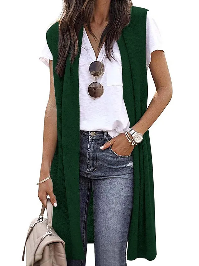 Women's Cardigan Knitted Solid Color Basic Casual Sleeveless Regular Fit  Cardigans Open Front Spring Summer Red Wine Dark Blue Orange / Going out