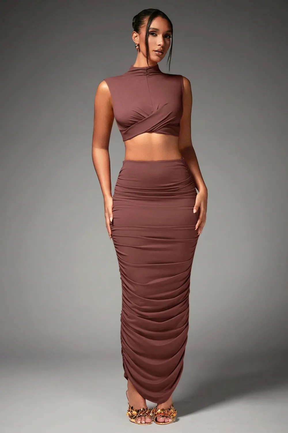 BAE Women's Mock Neck Pleated Crop Top And Skirt Set