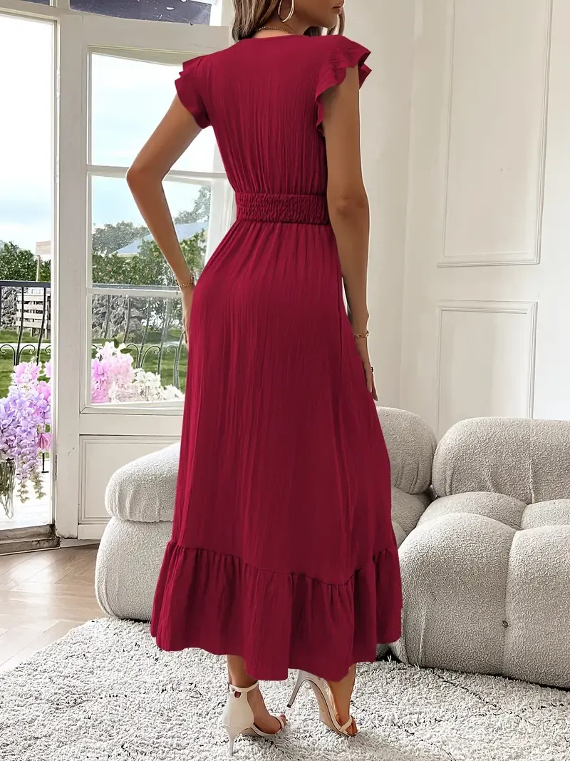 Elegant Royal Blue Maxi Dress with Ruffle Sleeves and Deep V-Neck – Cinched Waist, Asymmetrical Hem, Polyester, Summer Style for Women