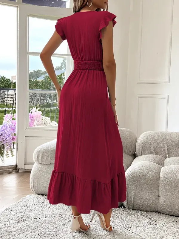 Elegant Royal Blue Maxi Dress with Ruffle Sleeves and Deep V-Neck – Cinched Waist, Asymmetrical Hem, Polyester, Summer Style for Women