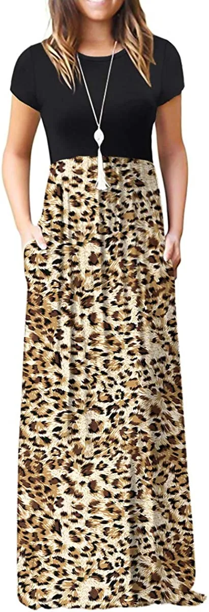 Women's Short Sleeve Loose Plain Maxi Dresses Casual Long Dresses with Pockets