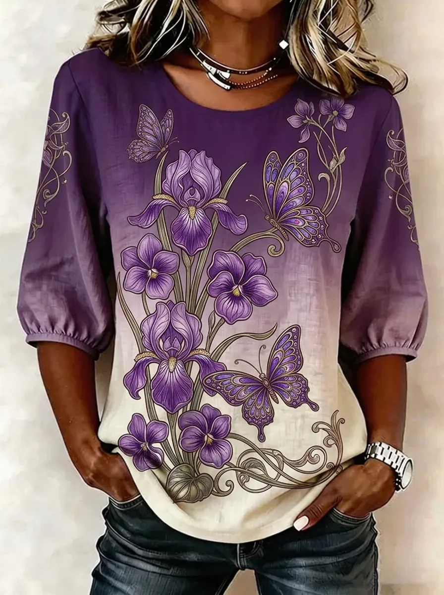 Women's Nashville Floral Butterfly Printed Casual Top