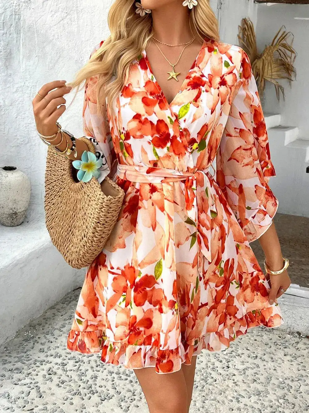 Relaxed Surplice Neck Ruffle Trim Dress