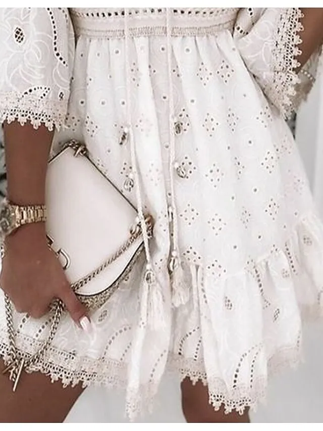 Women‘s Party Dress Casual Dress Lace Dress Mini Dress White Beige 3/4 Length Sleeve Embroidery Ruched Summer Spring Fall V Neck Fashion Wedding Summer Dress Office 2023 S M L XL 2XL 3XL